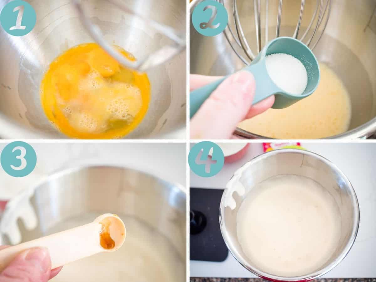steps: whisking eggs, adding sugar, adding vanilla, flour