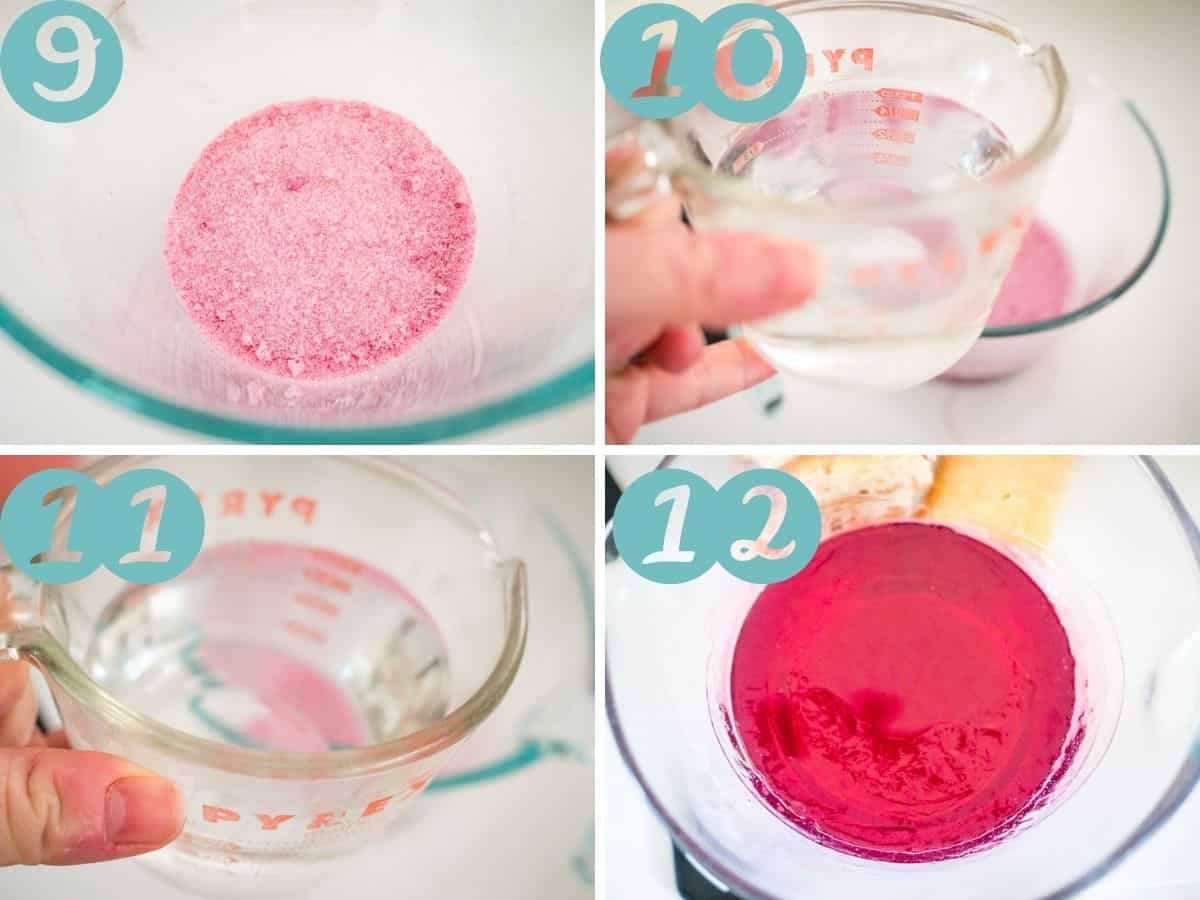 jelly crystals in a jug, adding boiling water, adding cold water, jelly after being in the fridge for 15 hours