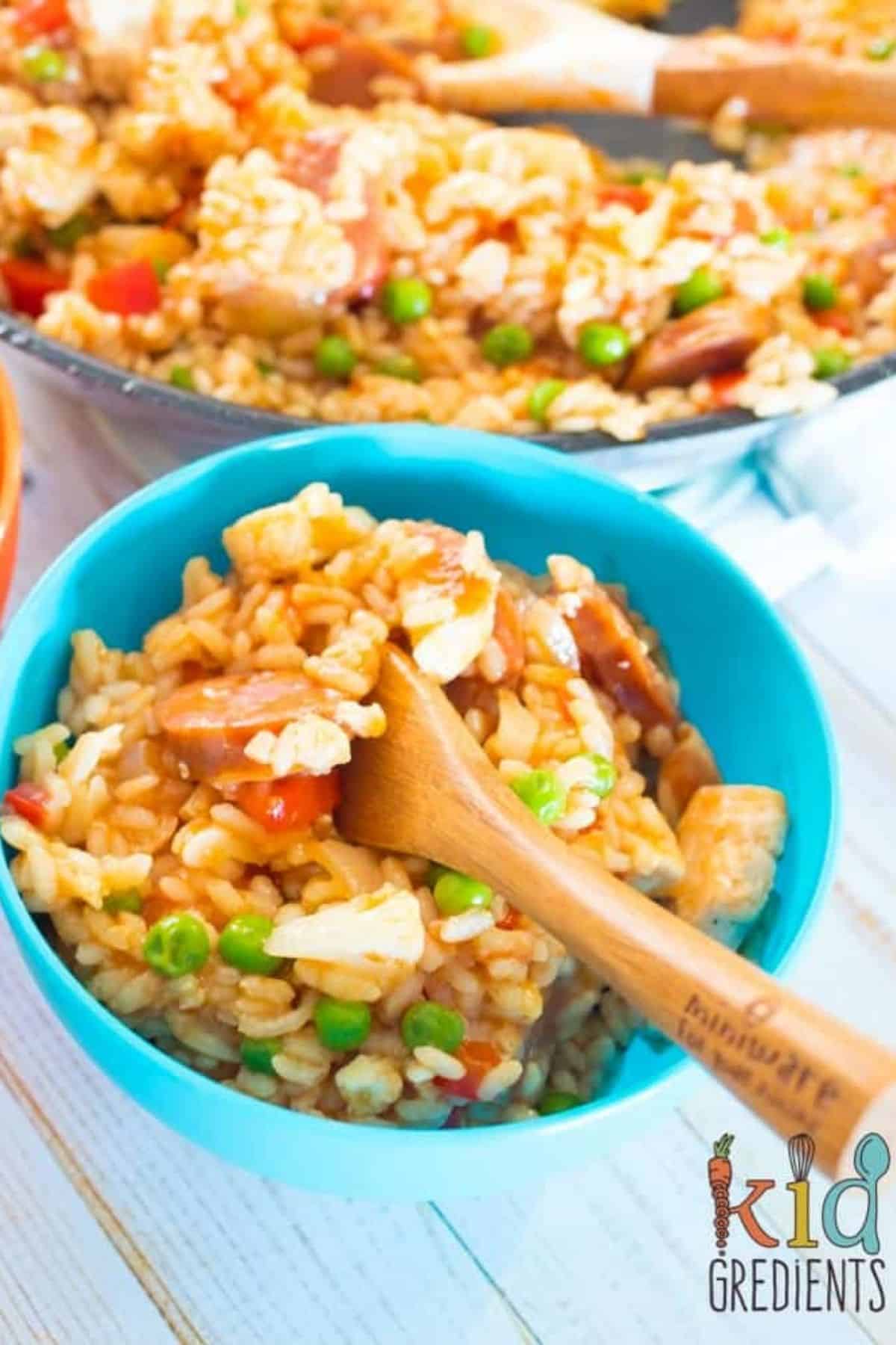 chorizo and chicken spanish rice in a bowl