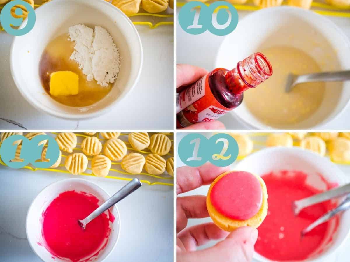icing ingredients, adding food colouring, leaving to sit, putting icing on the biscuit
