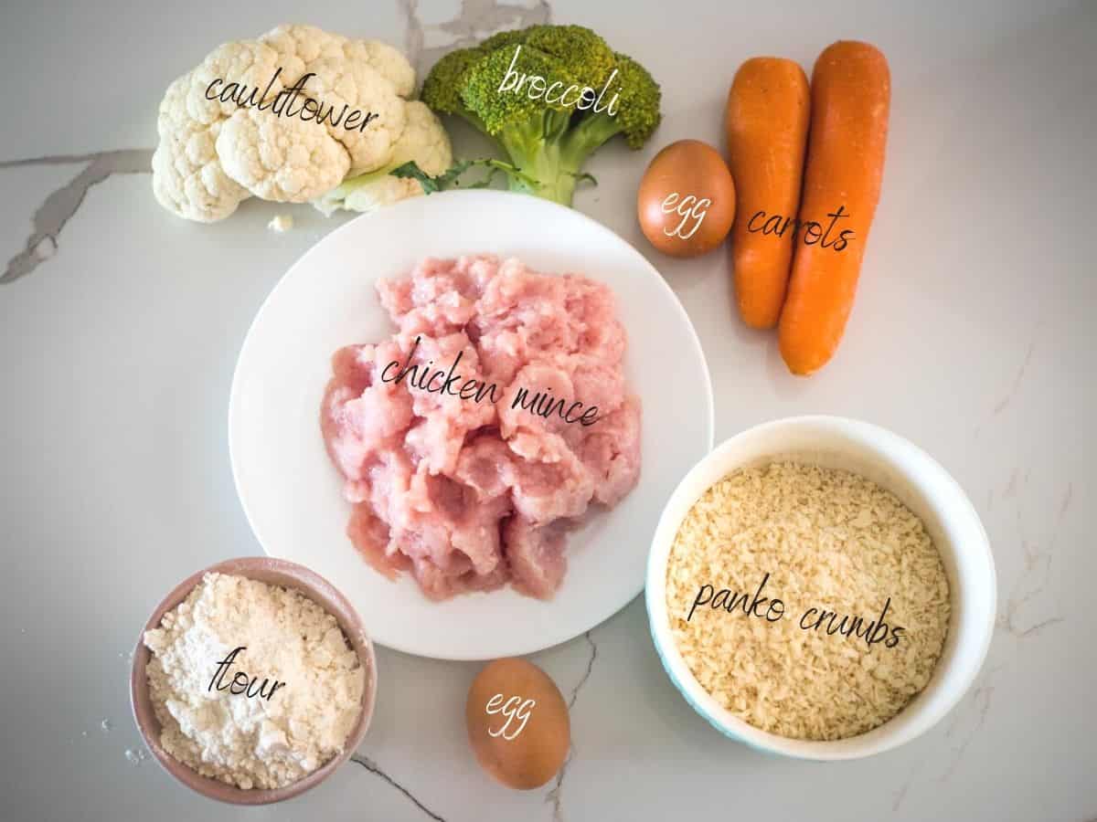 ingredients: chicken mince, cauliflower, broccoli, eggs, carrots, flour, panko crumbs