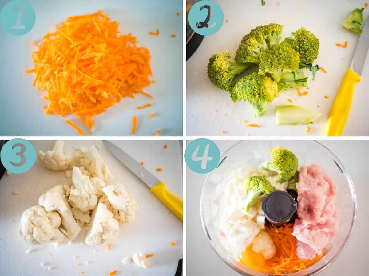 grating carrot, floreting broccoli and cauliflower, combining ingredients in the food processor