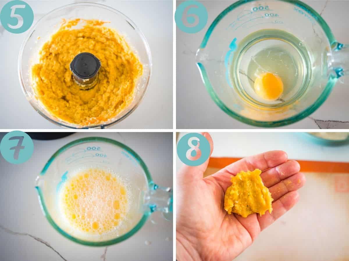 processed filling, whisking eggs with water, making nuggets 