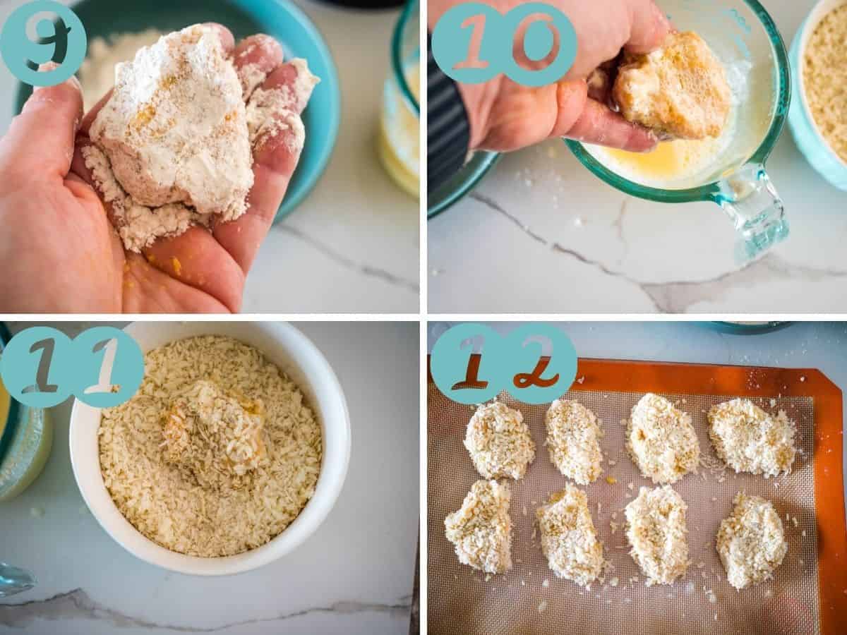 coating in flour, dipping in egg, coating in panko, on a baking tray