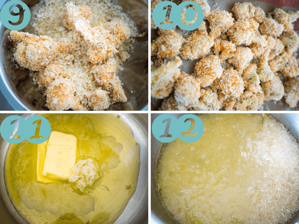 crumbing cauliflower, cauliflower on a tray, melting butter and garlic, cooking rice