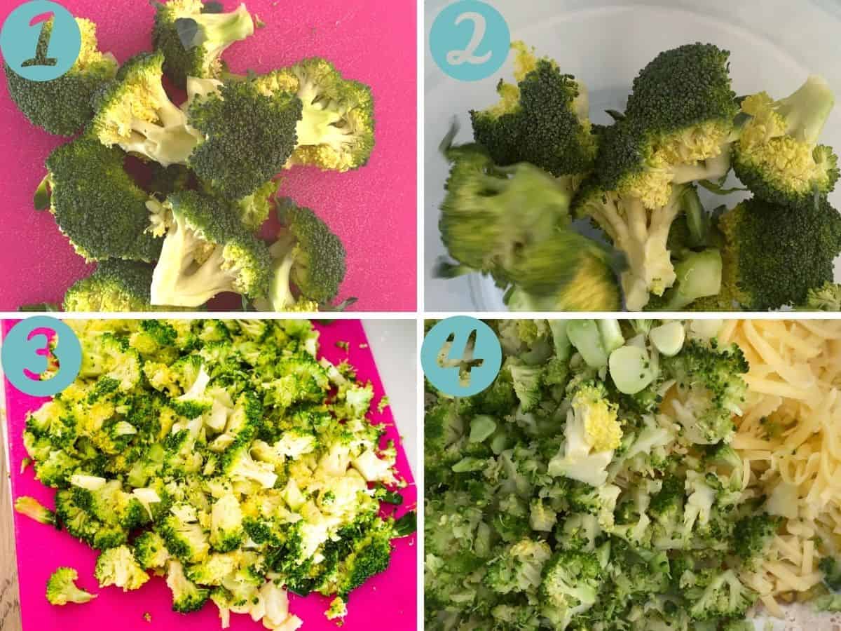 chopping, cooking the broccoli, finely chopping, mixing