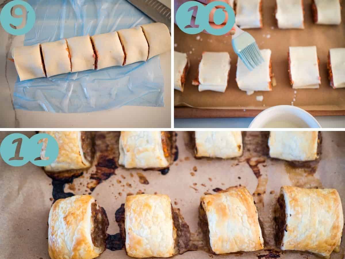 cutting into rolls, brushing with milk, baking