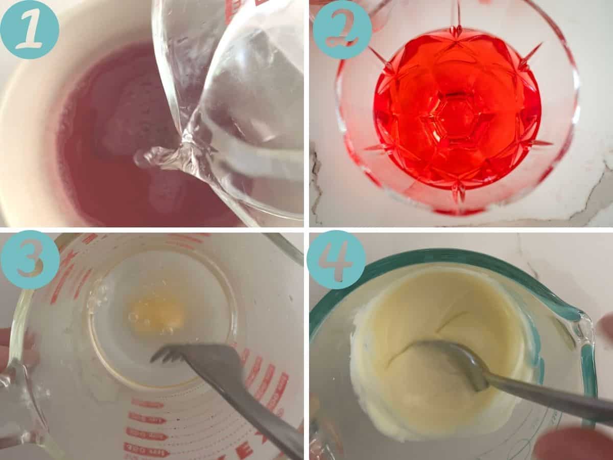 adding the condensed milk, pouring into glasses, mixing green jelly, adding to the glasses