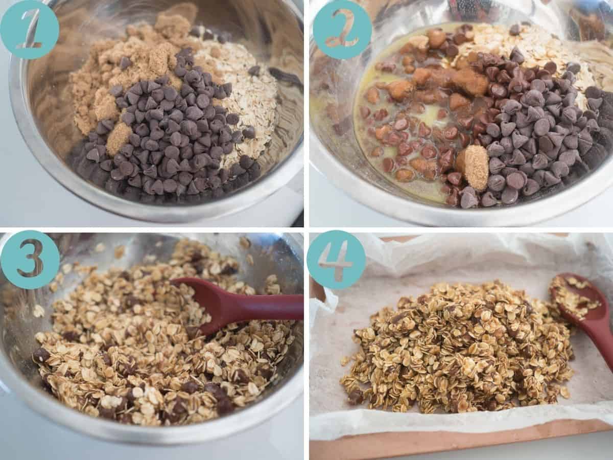 steps for making chocolate chip flapjacks: combining the ingredients, adding butter, mixing, putting into baking tray
