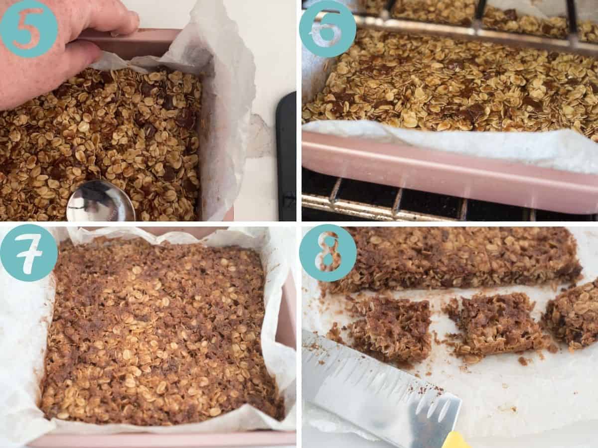 steps for making chocolate chip flapjacks: pressing down mixture, baking, cooling and cutting