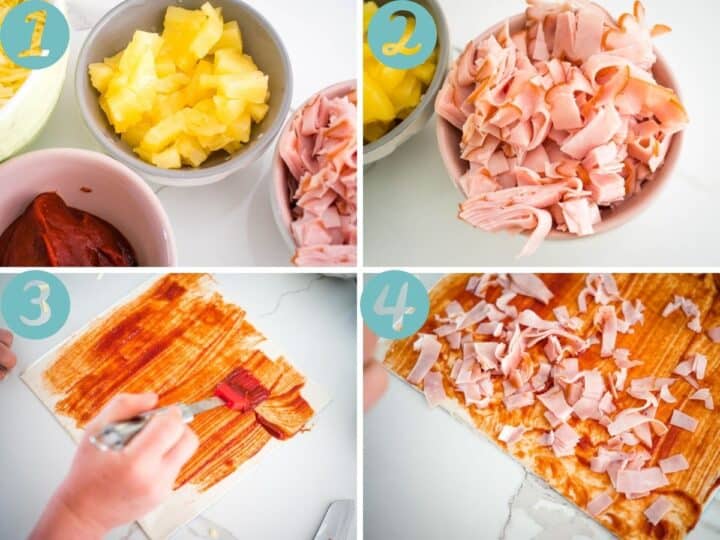 pineapple chopped, ham chopped, brush pastry with tomato paste, top with ham