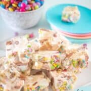white chocolate rocky road in a platter chopped into squares.