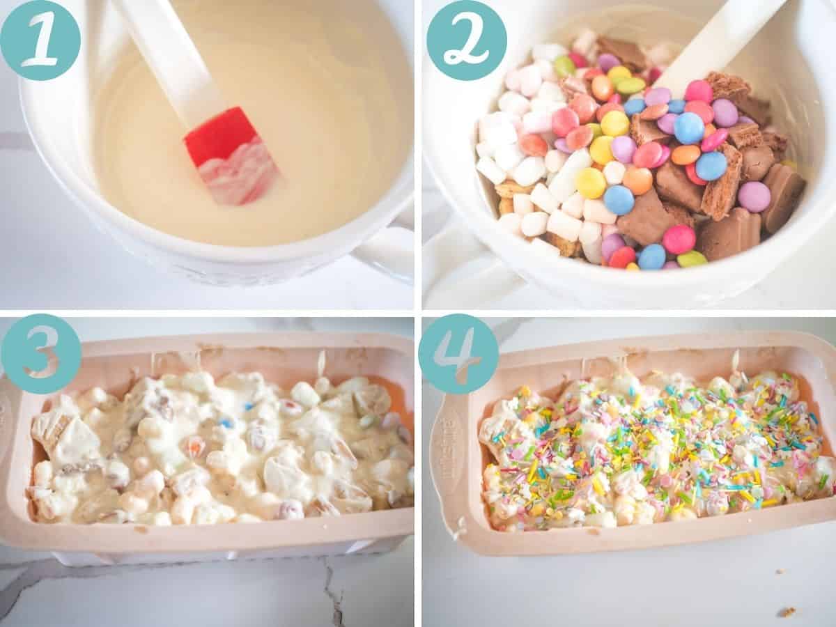 steps for making white chocolate rocky road, melting the chocolate, mixing in the extras, pouring into the pan and topping with sprinkles