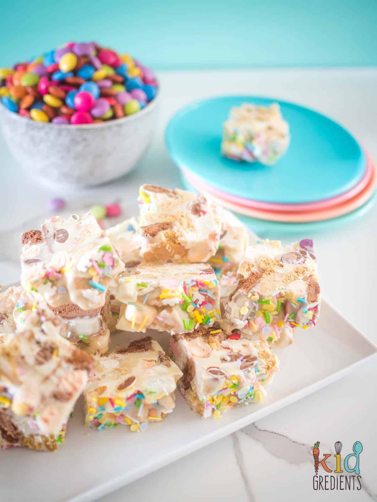 white chocolate rocky road chopped up on a platter