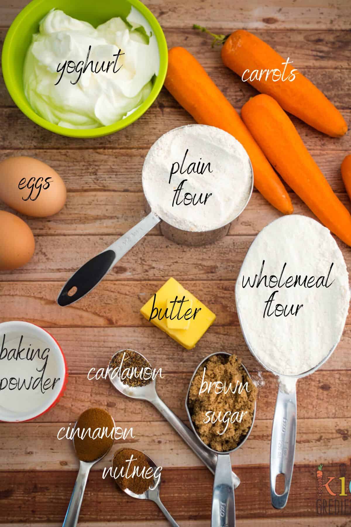 ingredients for carrot and spice muffins, carrots, yoghurt, eggs, flour, spices, butter