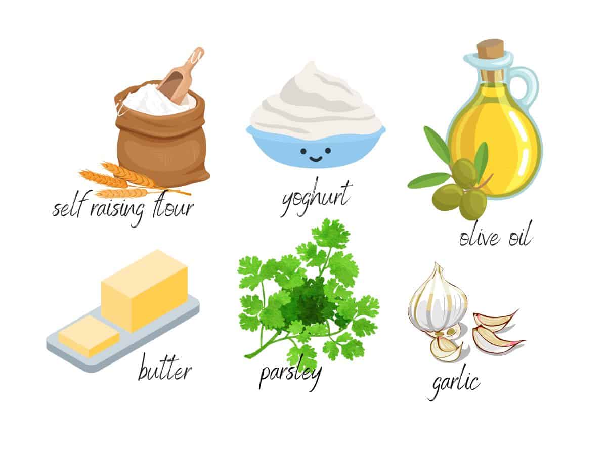 ingredients for air fryer garlic knot, yoghurt, self raising flour, olive oil, butter, parsley, garlic