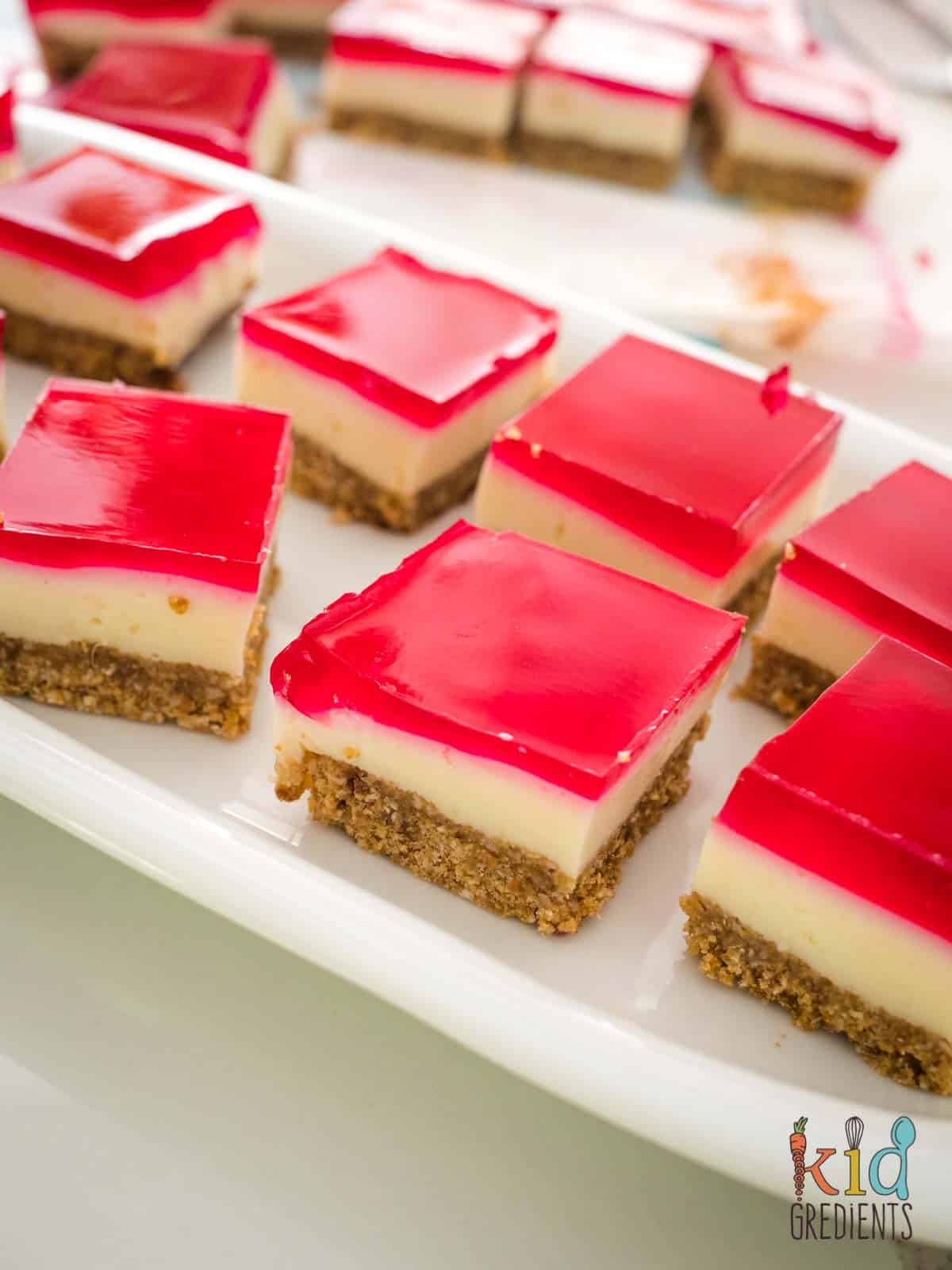 jelly slice cut into squares on a plate