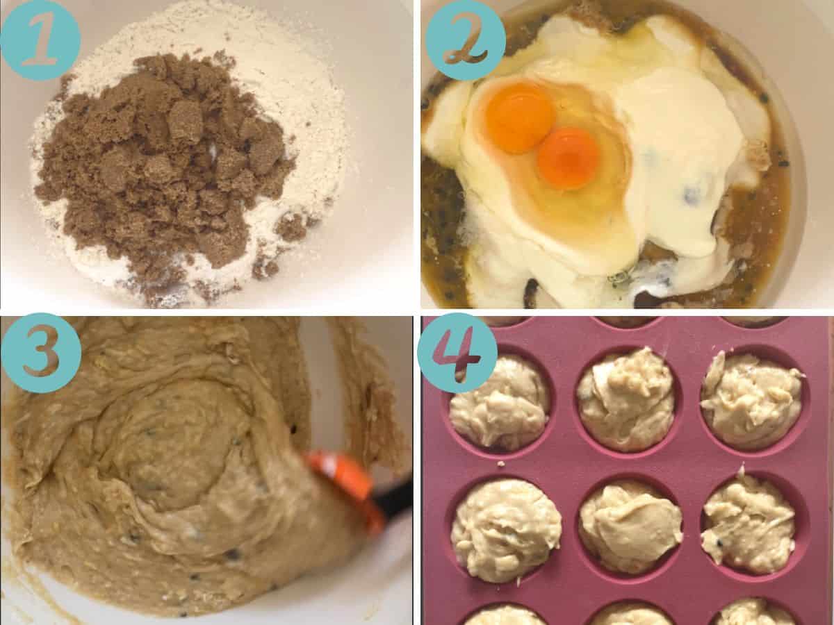 steps for making passionfruit muffins, mixing dry ingredients, adding wet ingredients, mixing, adding to muffin pan, baking