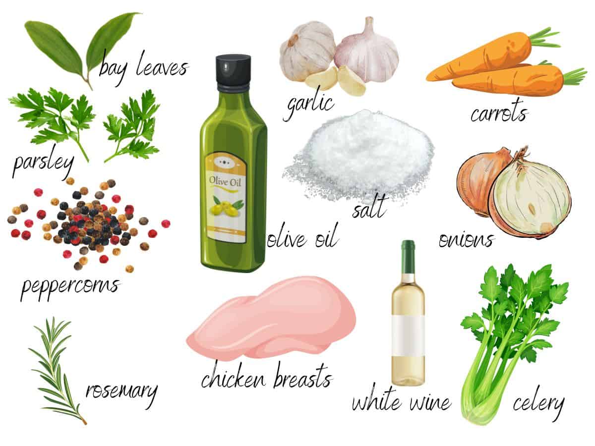 ingredients for homemade powdered chicken stock: chicken, herbs, veggies, olive oil and wine.